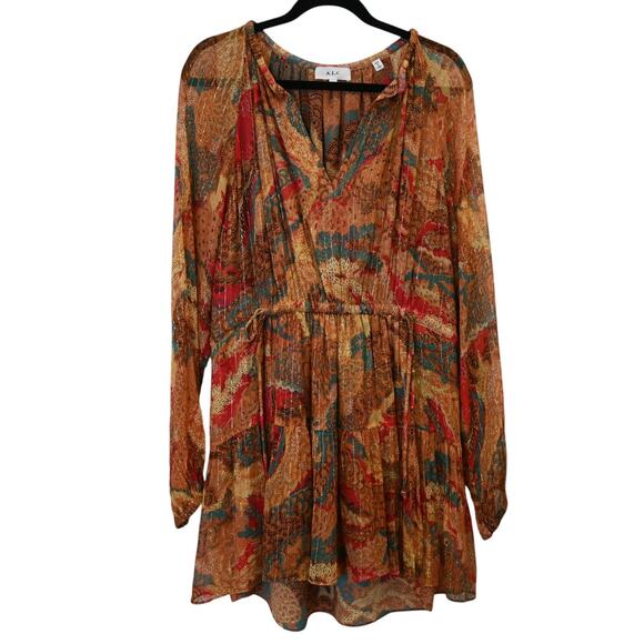 ALC Long Sleeve Dress Sz 10 Orange Red Paisley Print Sheer Gold Stripe Pullover - Picture 1 of 12